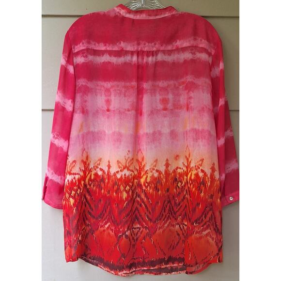 Chico's Semi Sheer 3/4 sleeves Pink-Orange Sunset Shirt Blouse Top Size 3 = XL - Picture 7 of 10